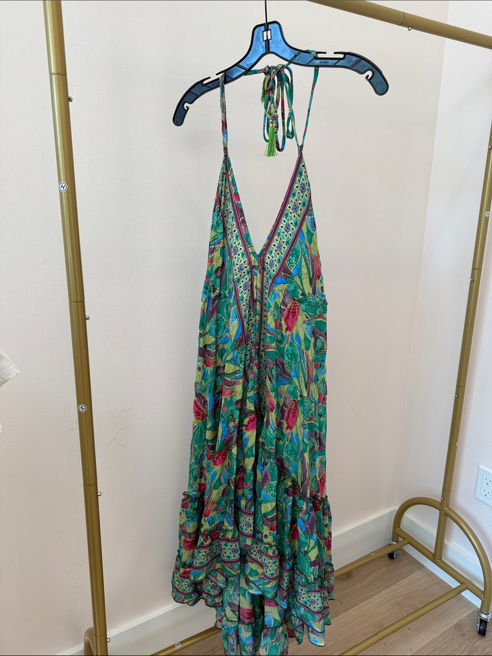 Green Floral Halter Swim Coverup with Tie Neck